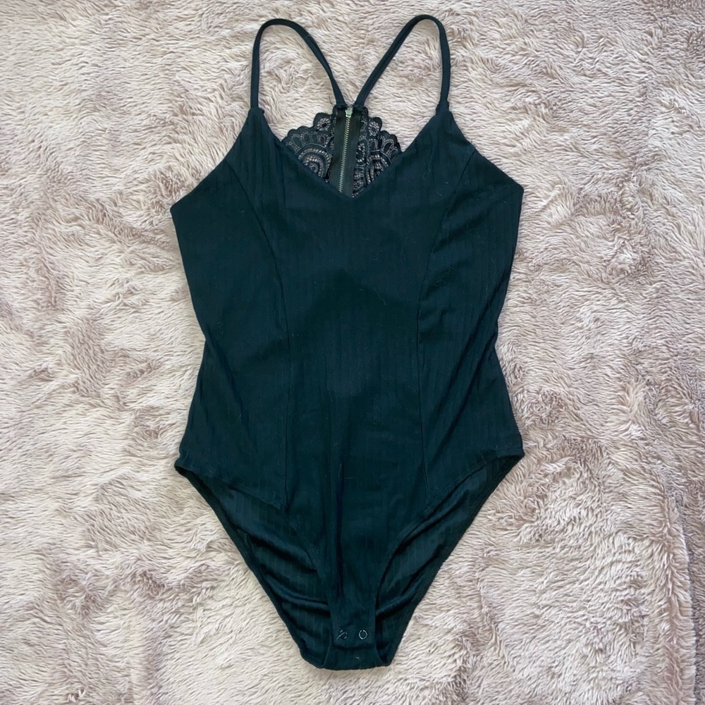Lace-back black bodysuit